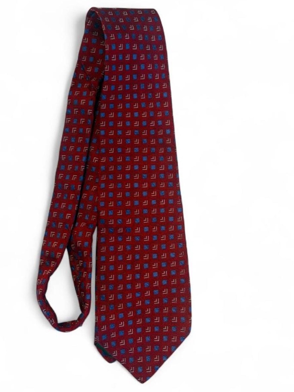 Vintage Ralph Lauren Red Tie with Blue Micro Geometric Motif